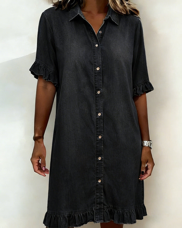 Ndapewa | Ruffle Hem Denim Shirt Dress