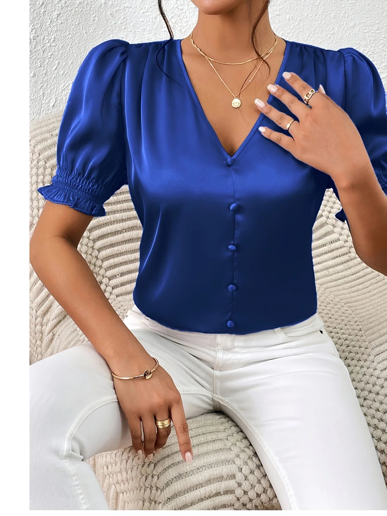 Abella | V-Neck Puff Sleeve Button Blouse