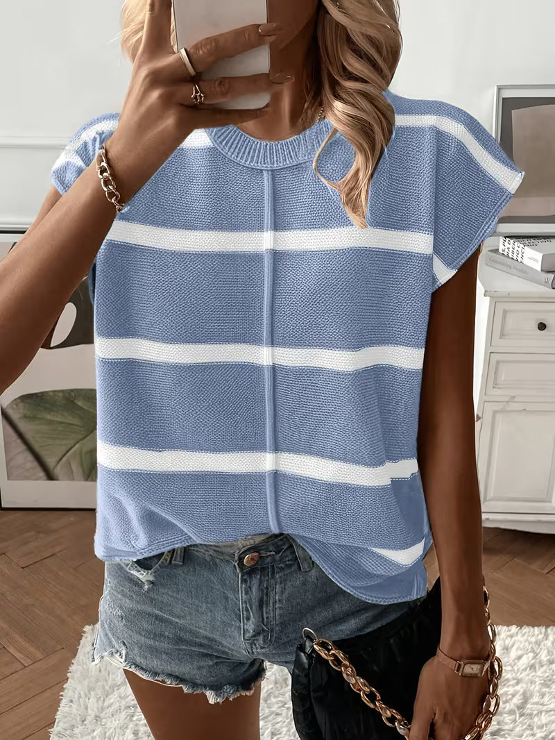 Enila | Striped Knit Sweater with Short Sleeves