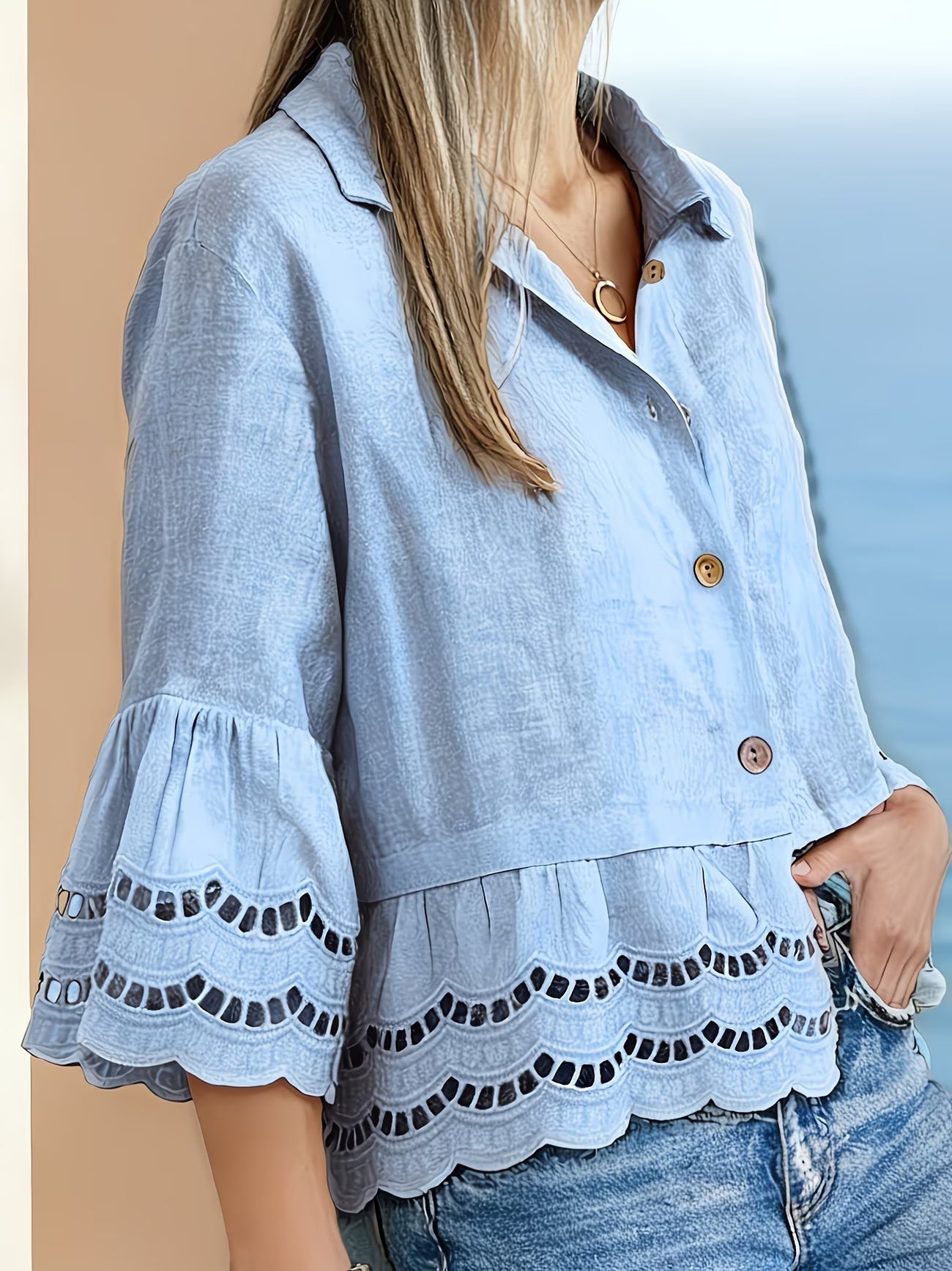 Solenn | Long Sleeve Ruffle Hem Button Blouse