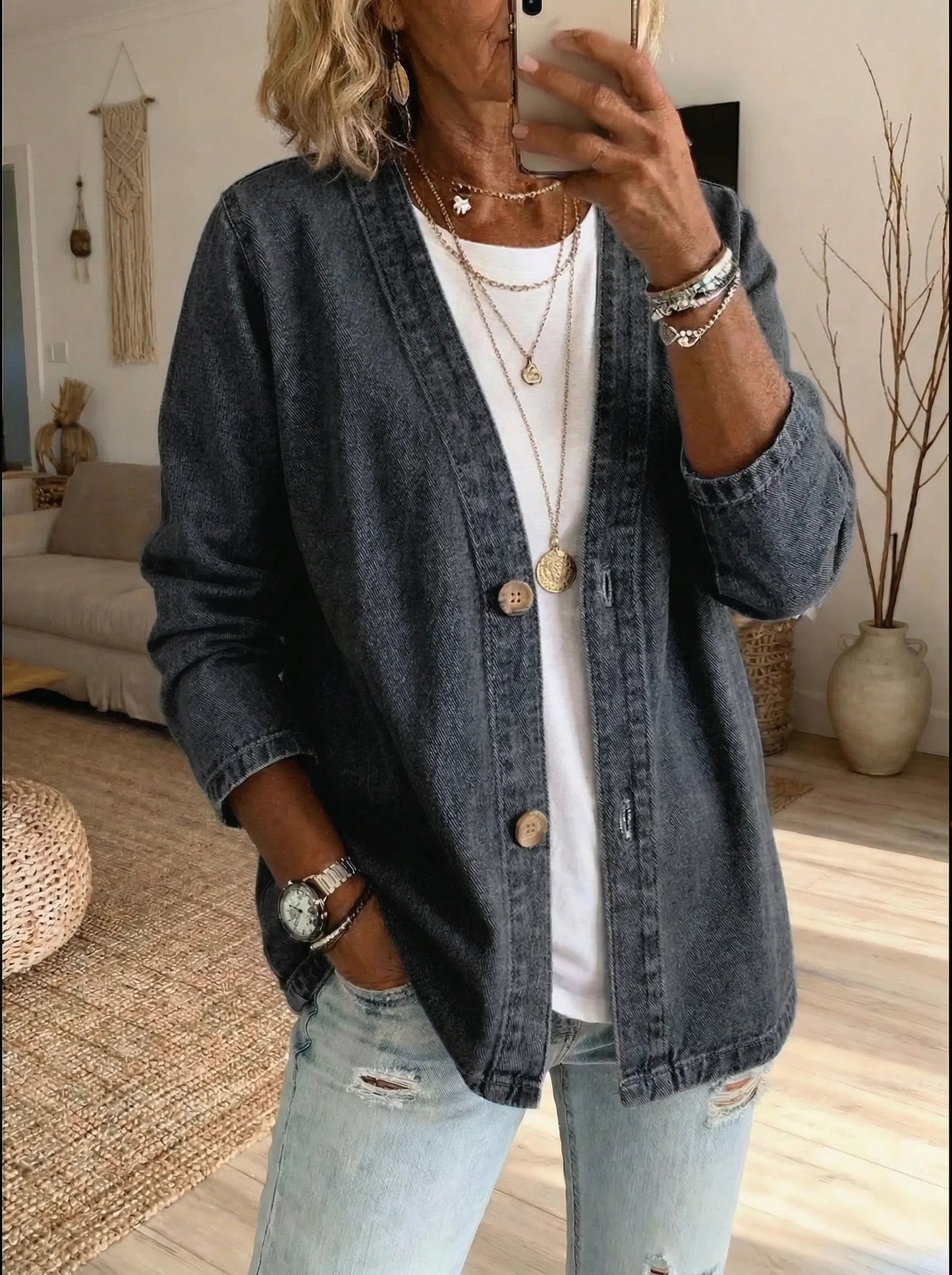 Helama | V Neck Button Front Denim Jacket