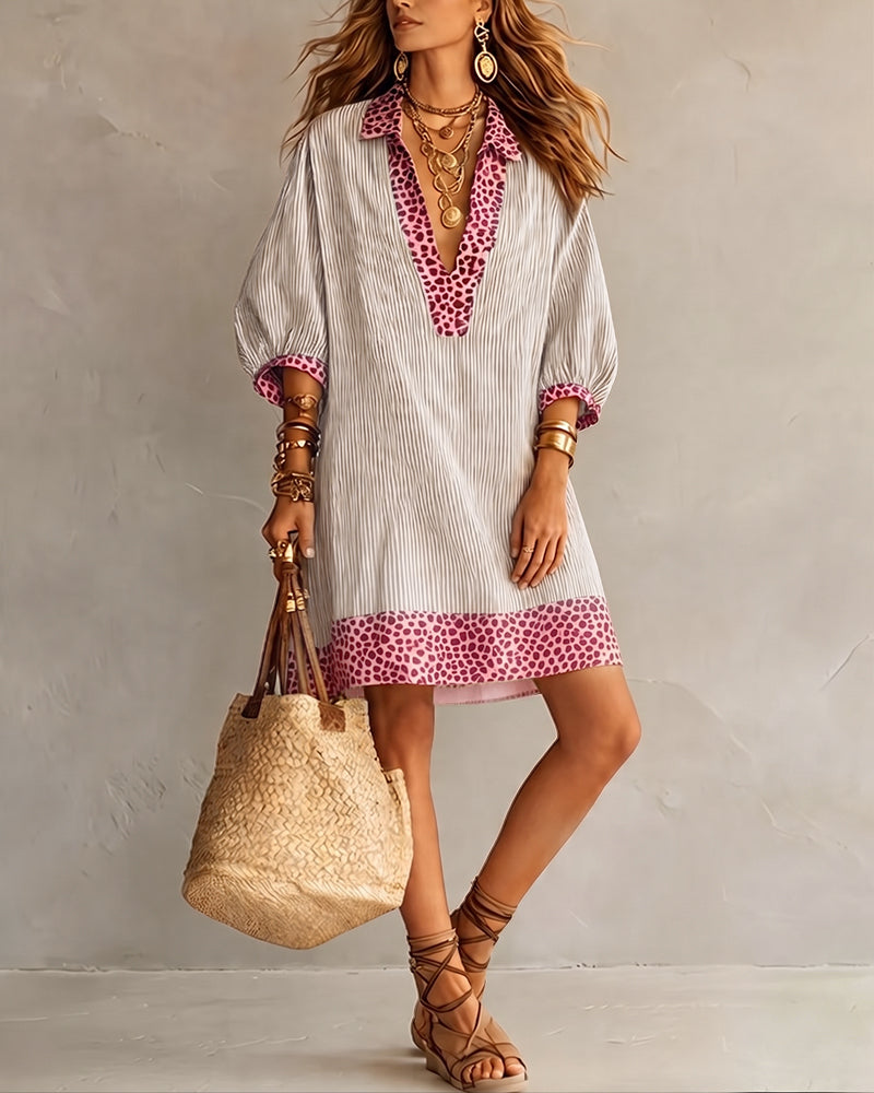 Marget | Mini Dress Striped Leopard Panel Puff Sleeves
