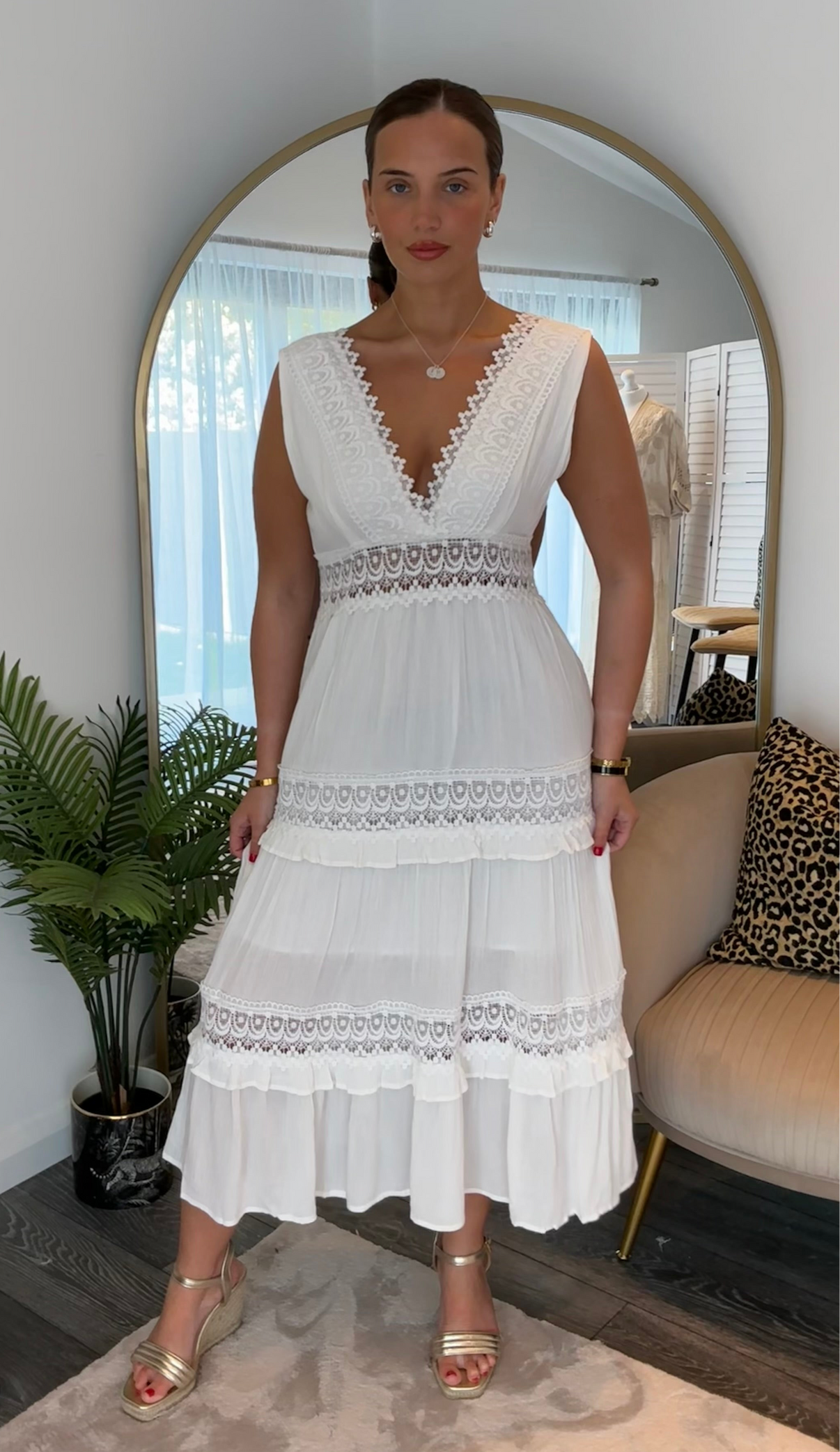 Clothilde | White Lace Trim Sleeveless V Neck Midi Dress