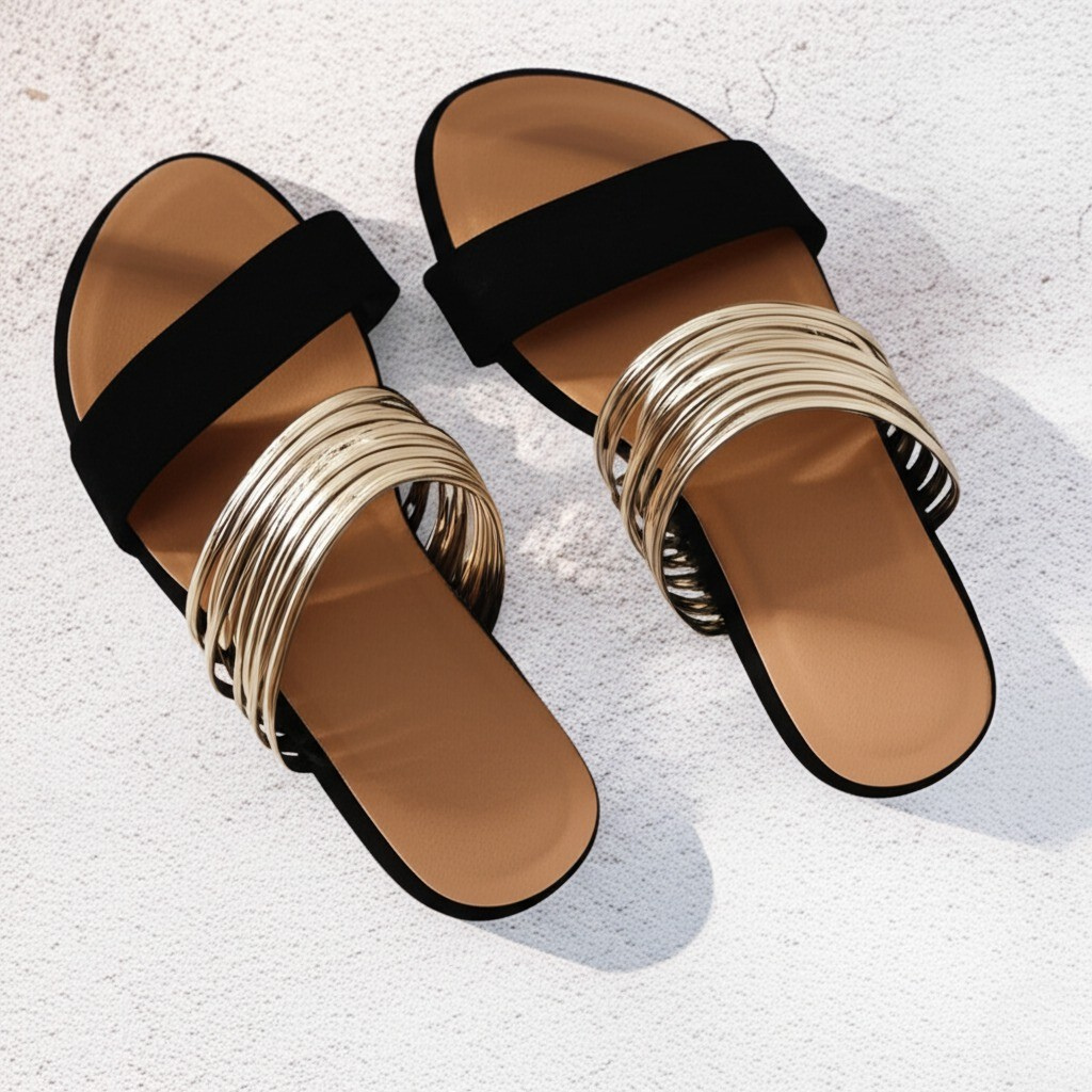 Mukaina | Flat Double Strap Metallic Sandals