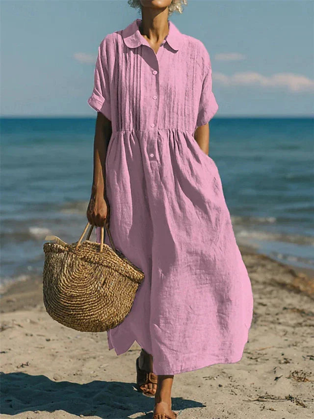 Janny - Short Sleeve Loose Midi Shirt Dress
