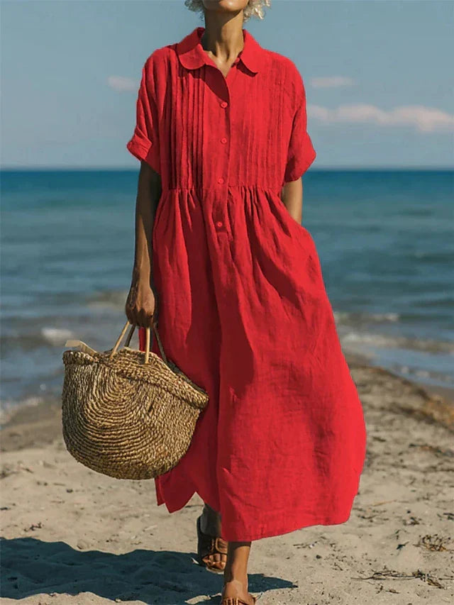 Janny - Short Sleeve Loose Midi Shirt Dress