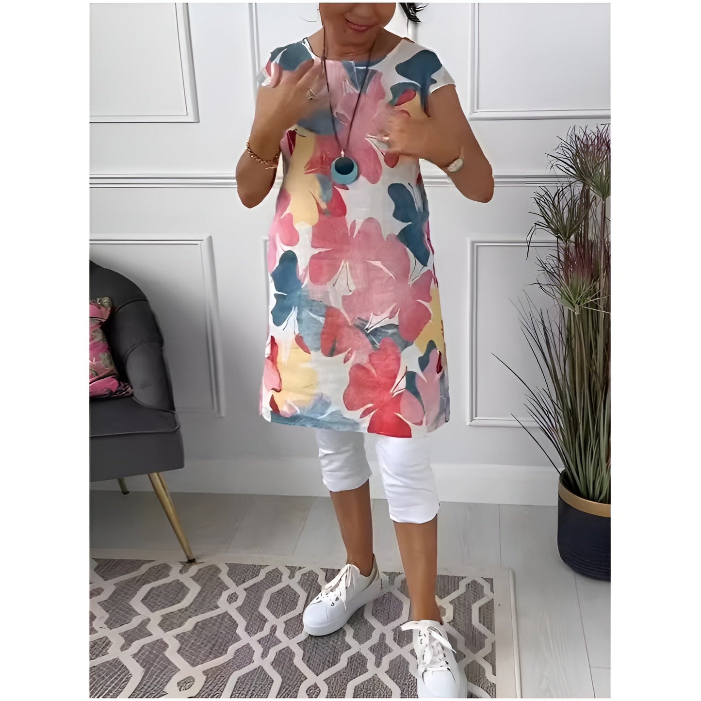Tonya | Floral Tunic Dress Cap Sleeve Pockets