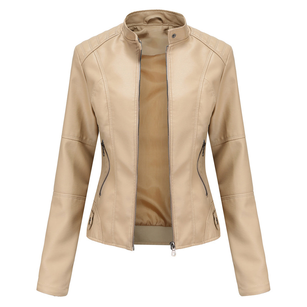 Hanneke | Faux Leather Stand Collar Zip Jacket