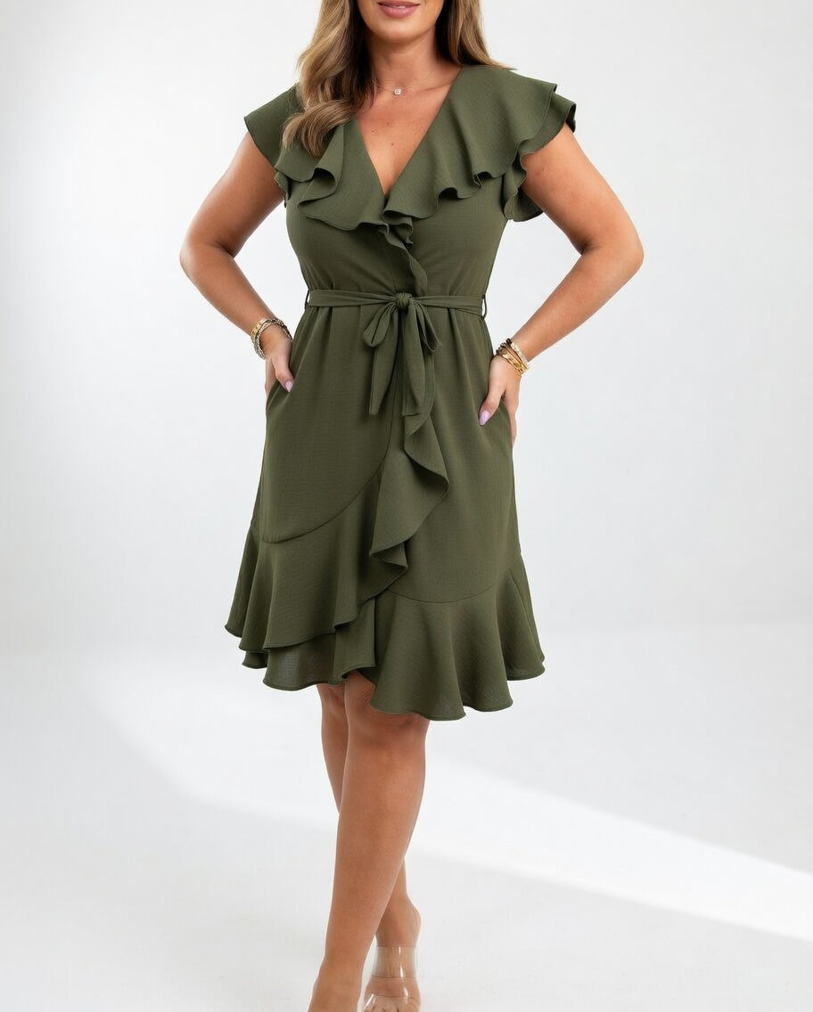 Geiss - Ruffle Wrap Dress V Neck Cap Sleeve