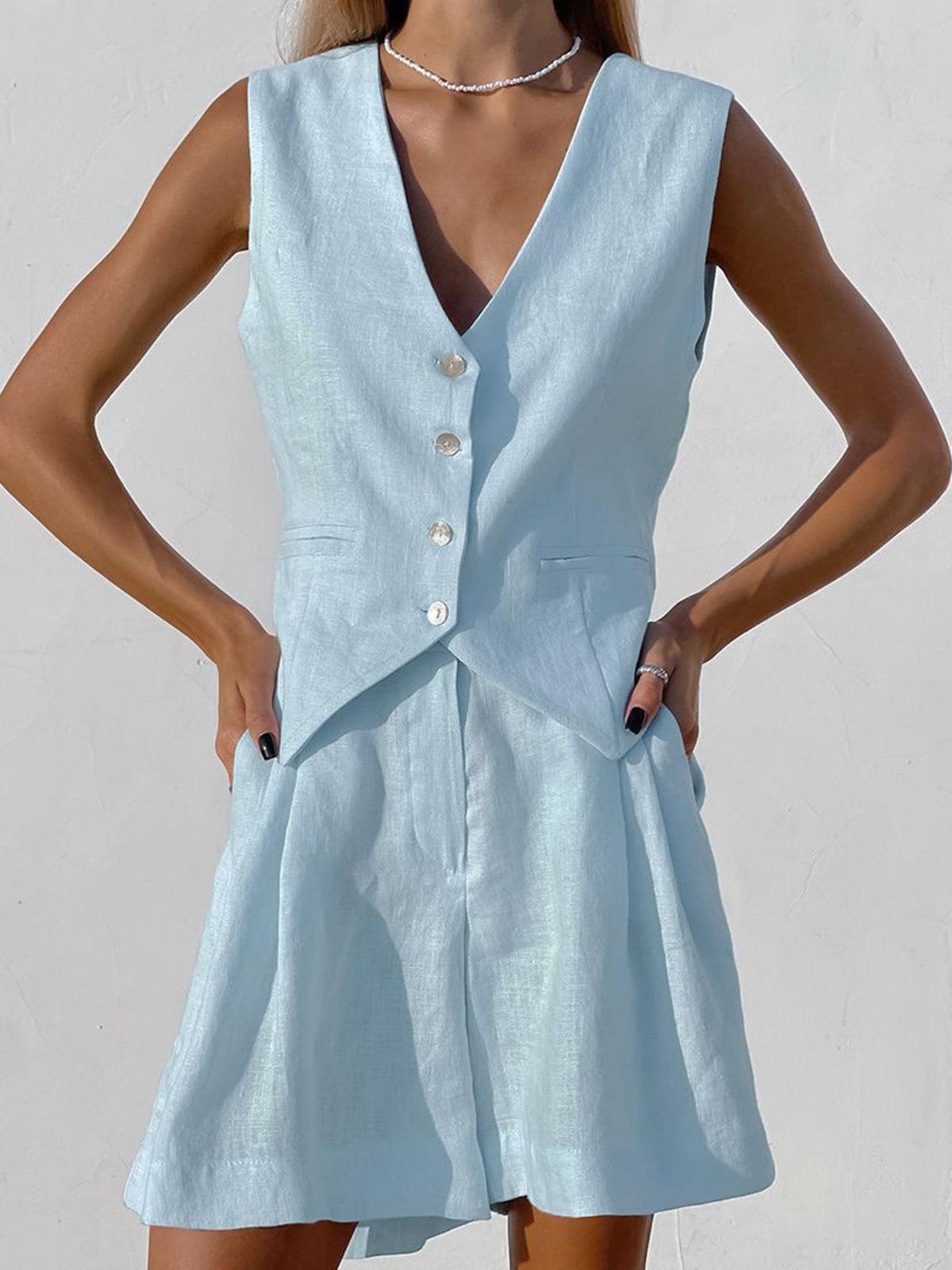 Dynisa | Linen-Style V-Neck Vest Shorts Set