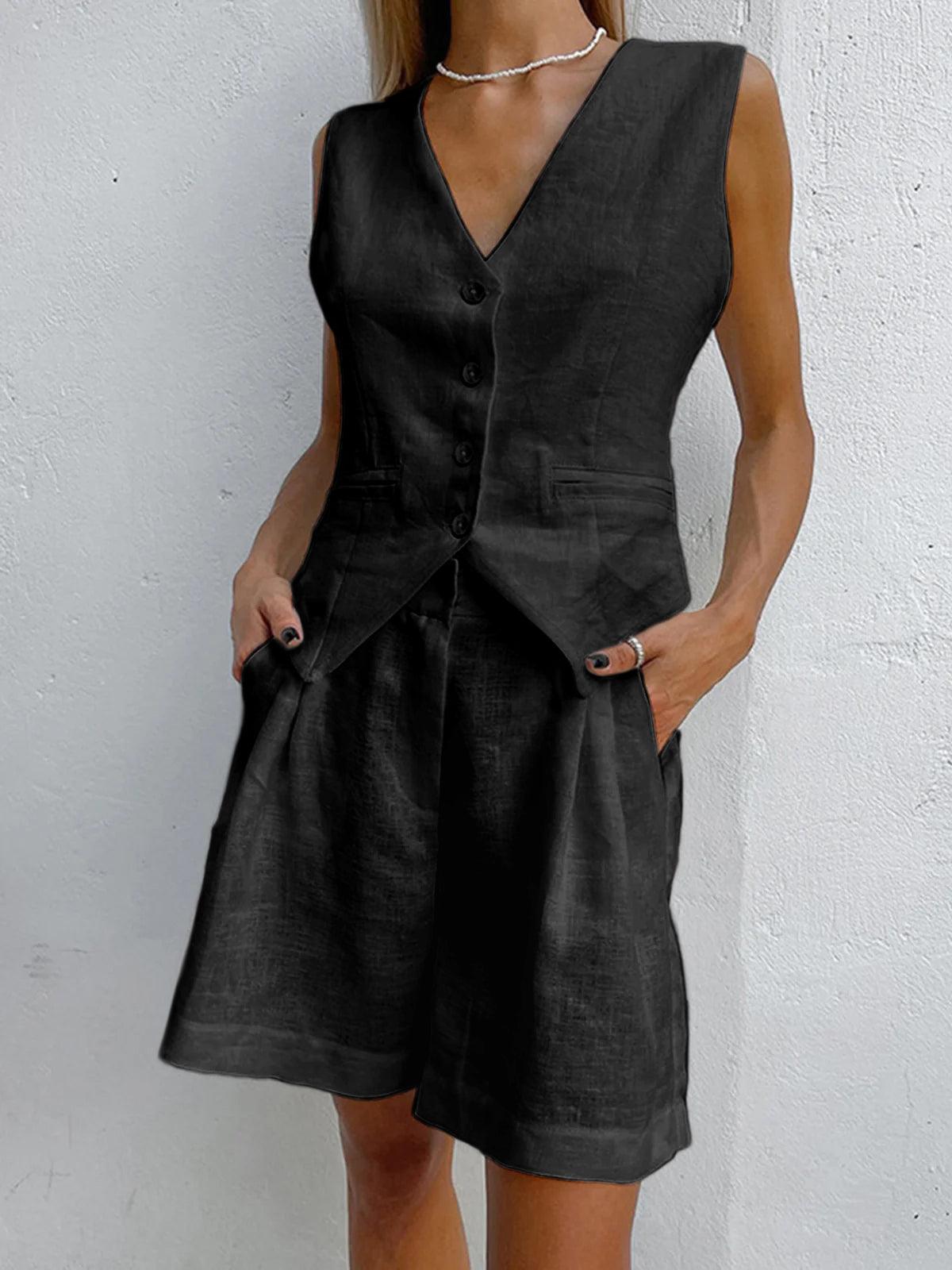 Dynisa | Linen-Style V-Neck Vest Shorts Set