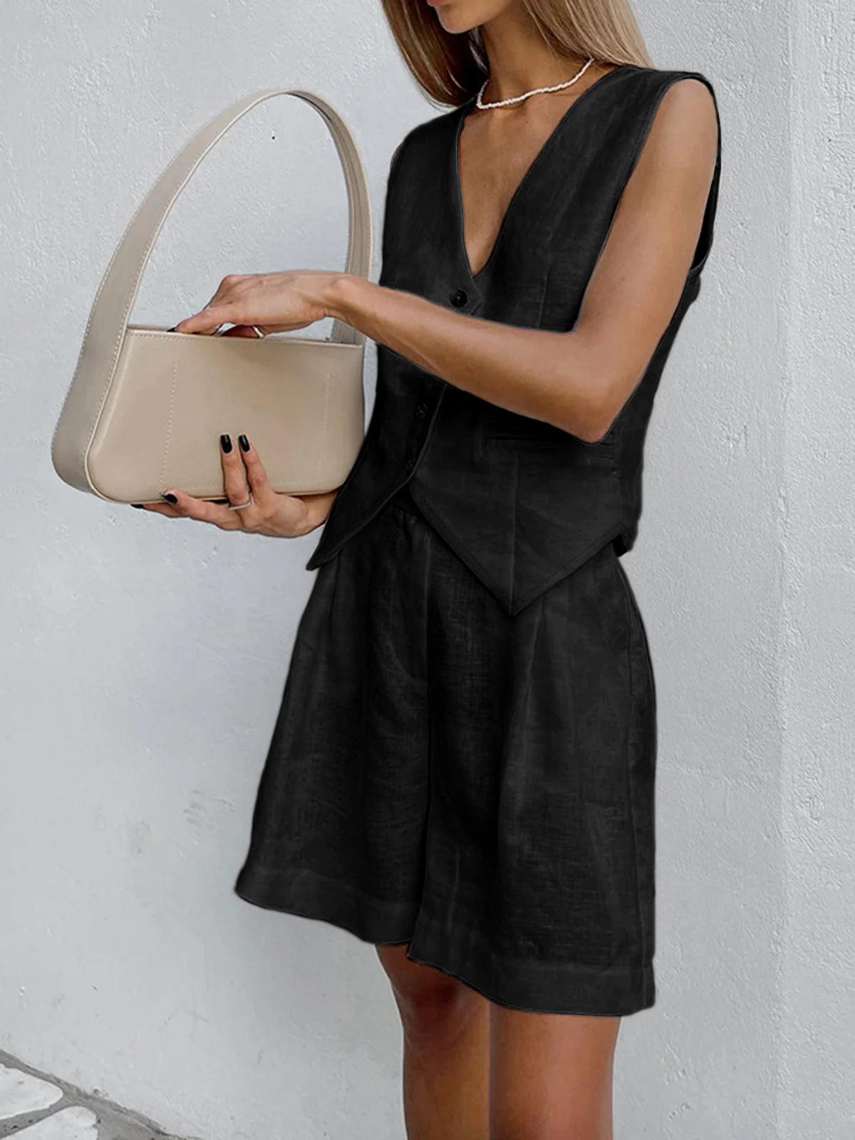 Dynisa | Linen-Style V-Neck Vest Shorts Set