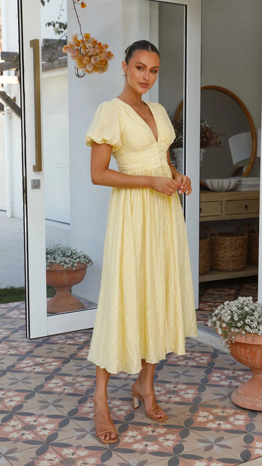 Sneja | Puff Sleeve Button Front Maxi Dress