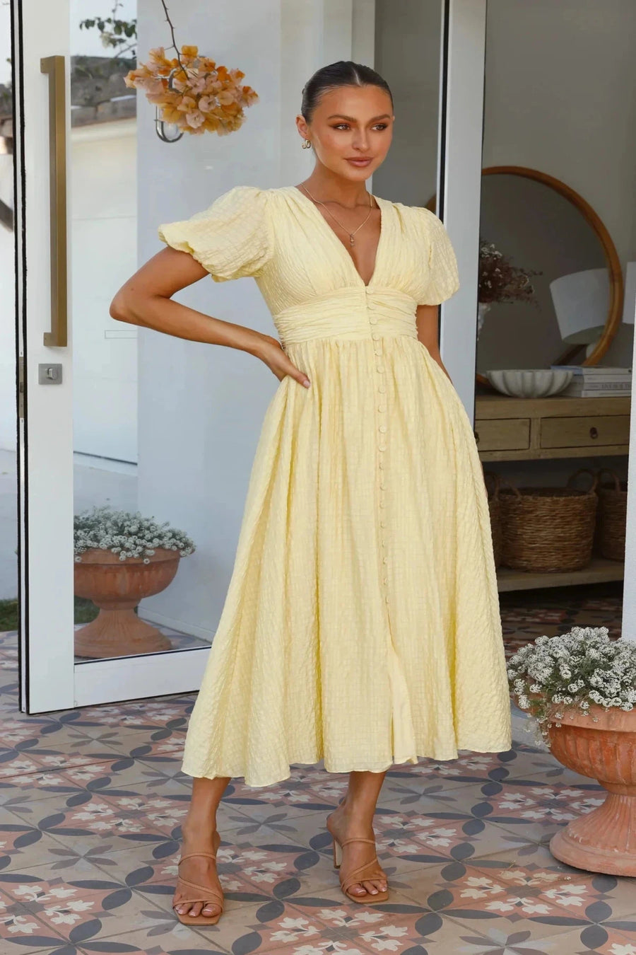 Sneja | Puff Sleeve Button Front Maxi Dress