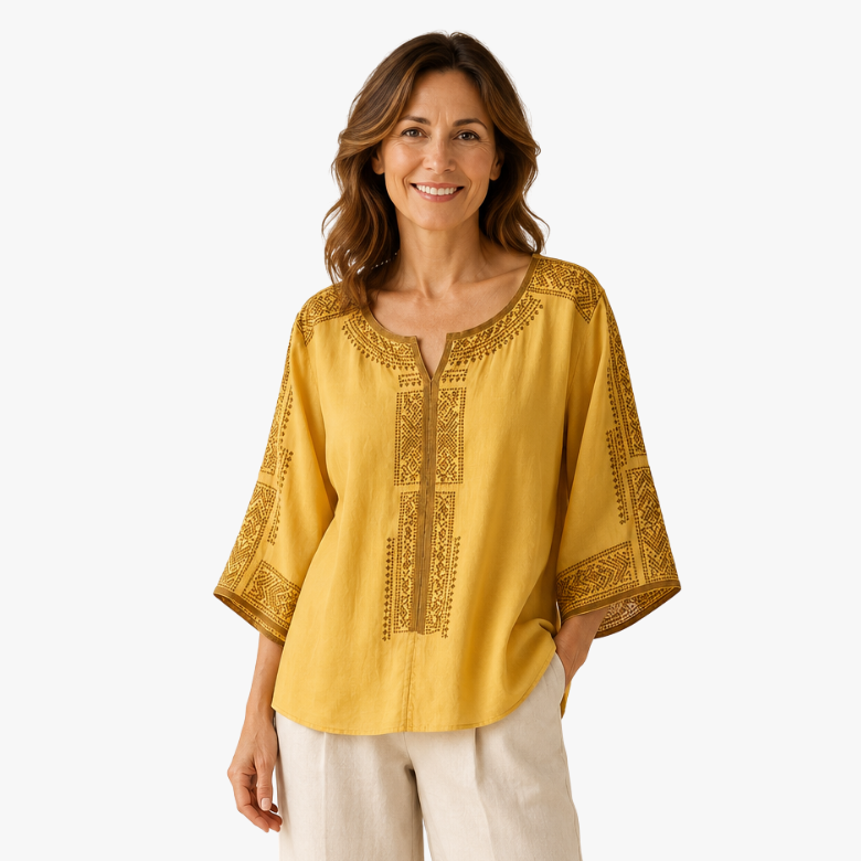 Alivette | Embroidered Linen Blouse in Yellow