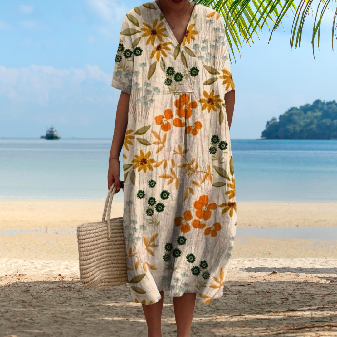 Lora | Floral Print V Neck Midi Dress