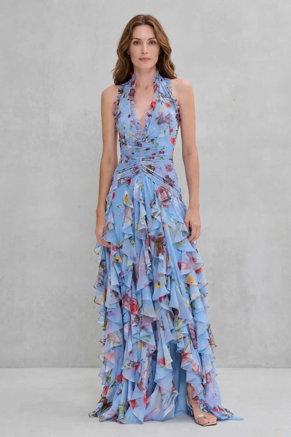 Eliora | Floral Halter Neck Ruffle Maxi Dress