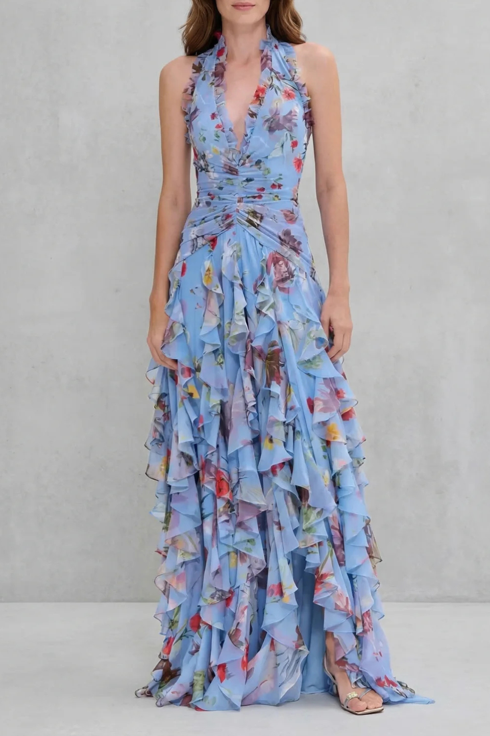 Eliora | Floral Halter Neck Ruffle Maxi Dress