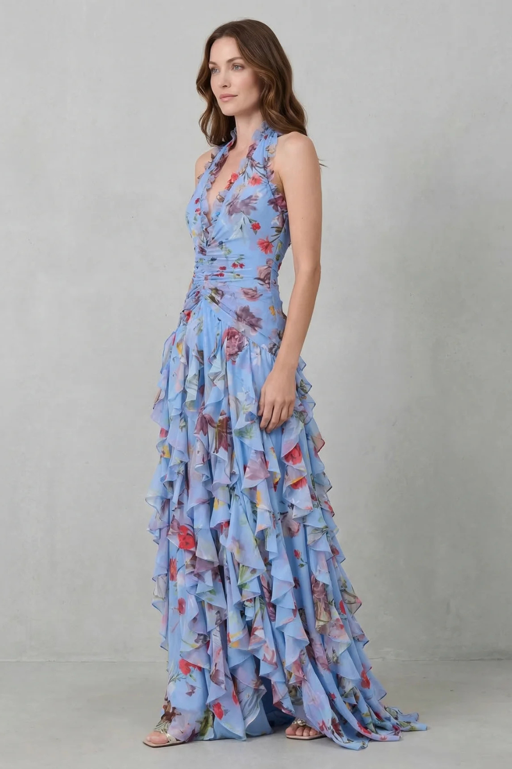 Eliora | Floral Halter Neck Ruffle Maxi Dress