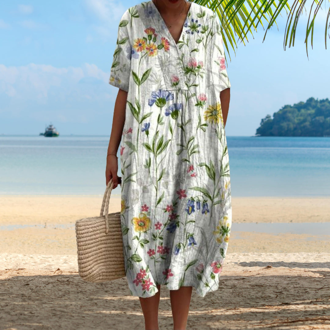Lora | Floral Print V Neck Midi Dress