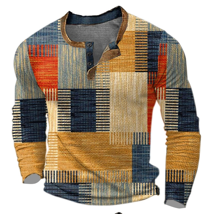 Cyprian | Long Sleeve Patchwork Henley T-Shirt