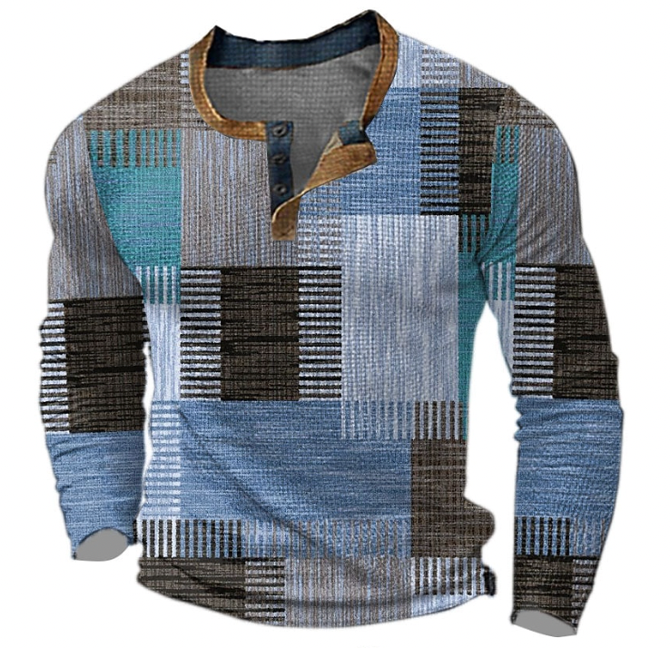 Cyprian | Long Sleeve Patchwork Henley T-Shirt