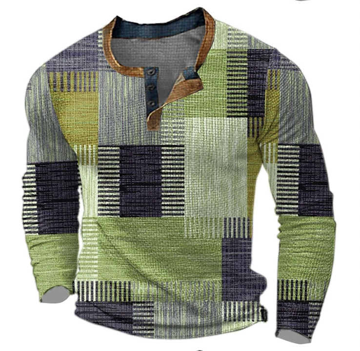 Cyprian | Long Sleeve Patchwork Henley T-Shirt