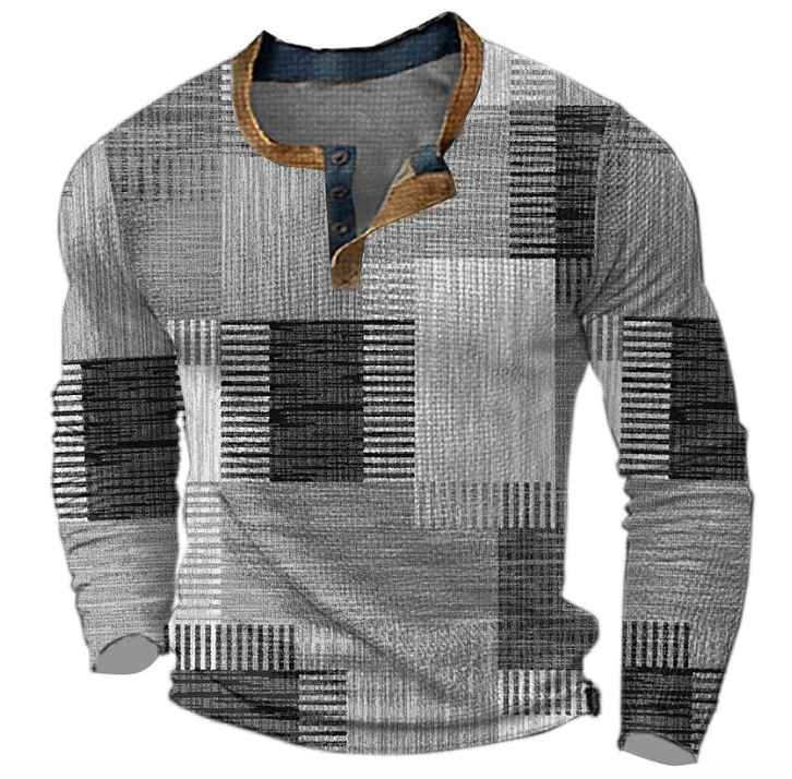 Cyprian | Long Sleeve Patchwork Henley T-Shirt