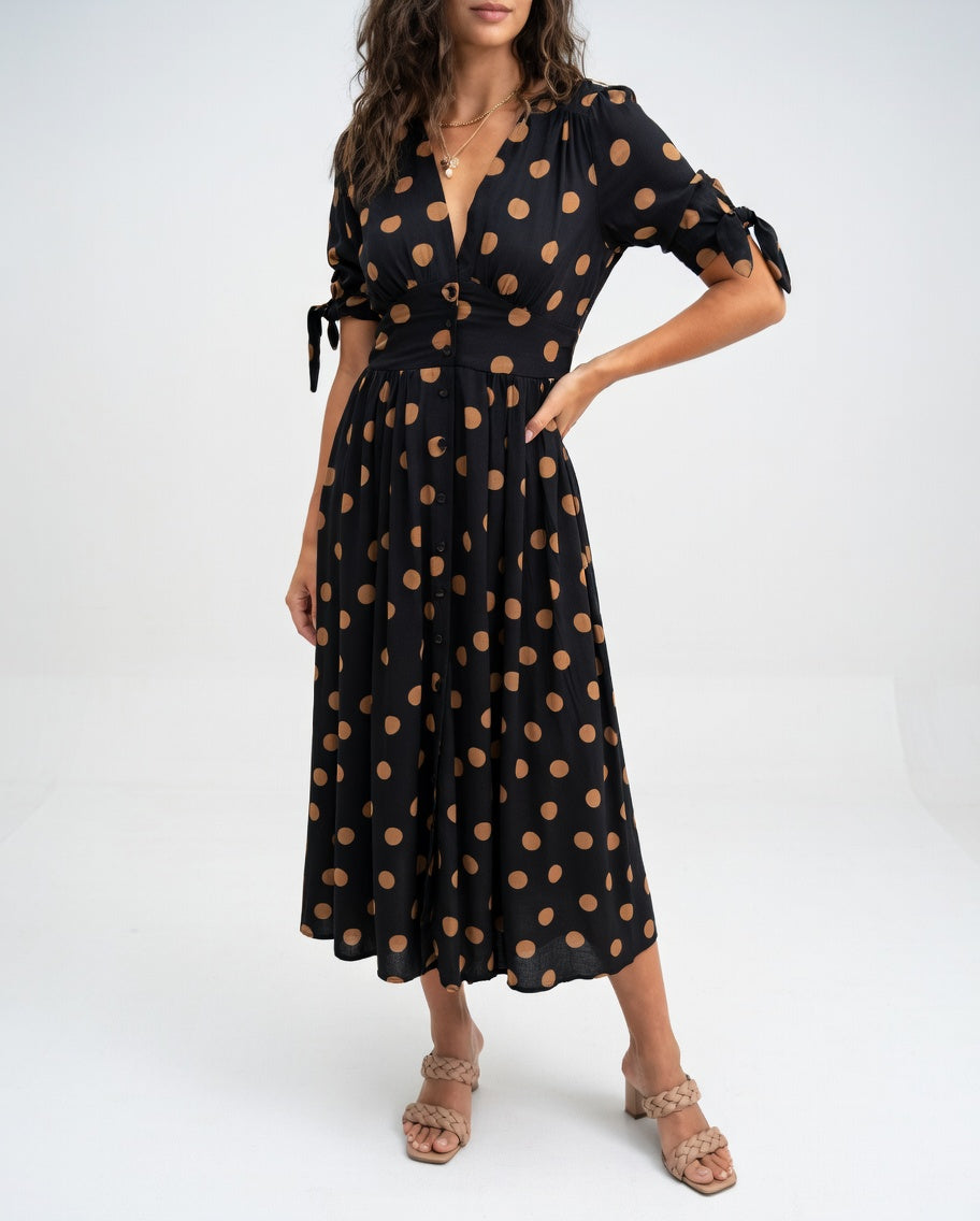 Fabienne | Polka Dot V Neck Midi Dress