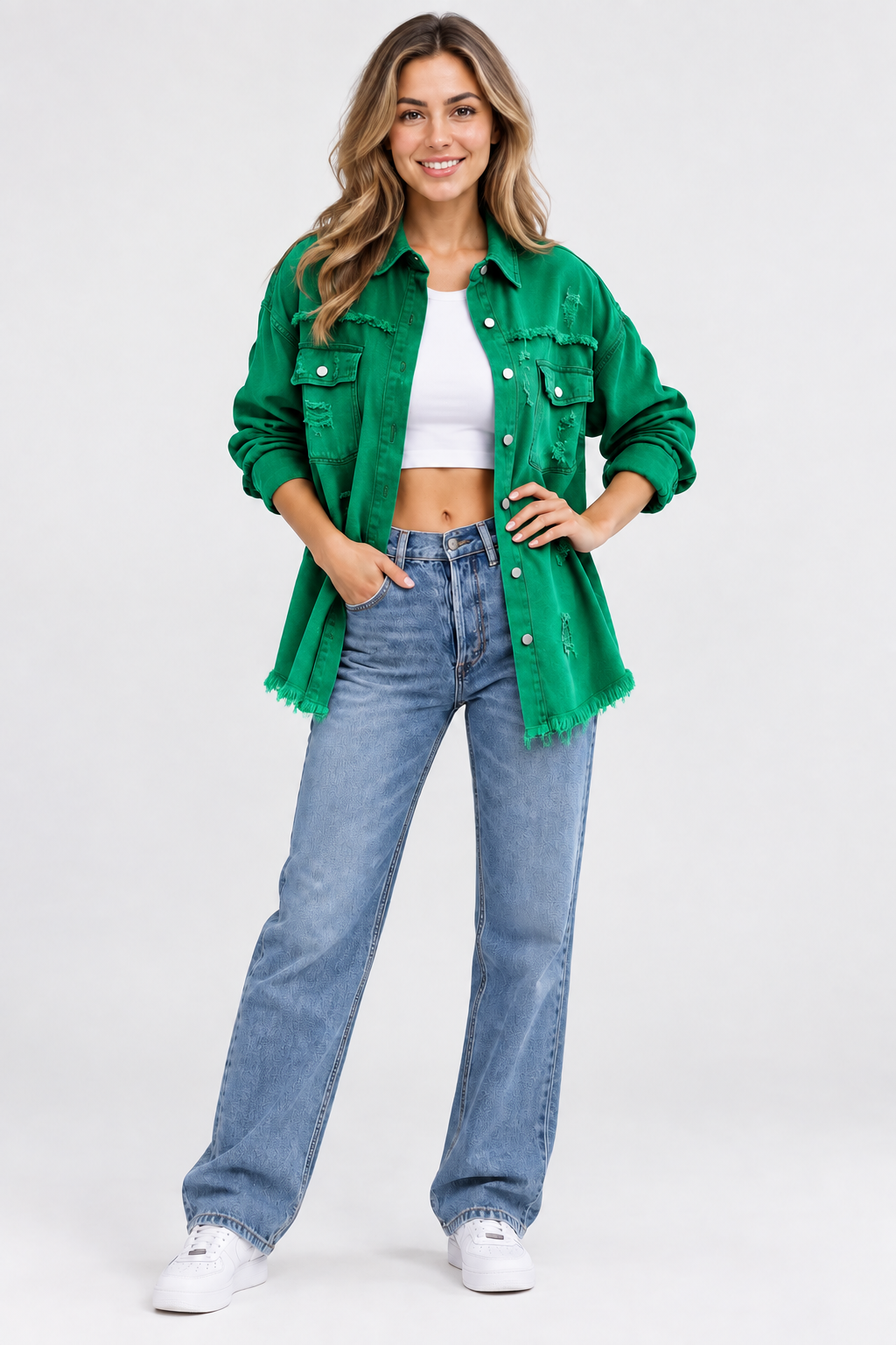 Rebbecca | Distressed Denim Shirt Jacket With Pockets