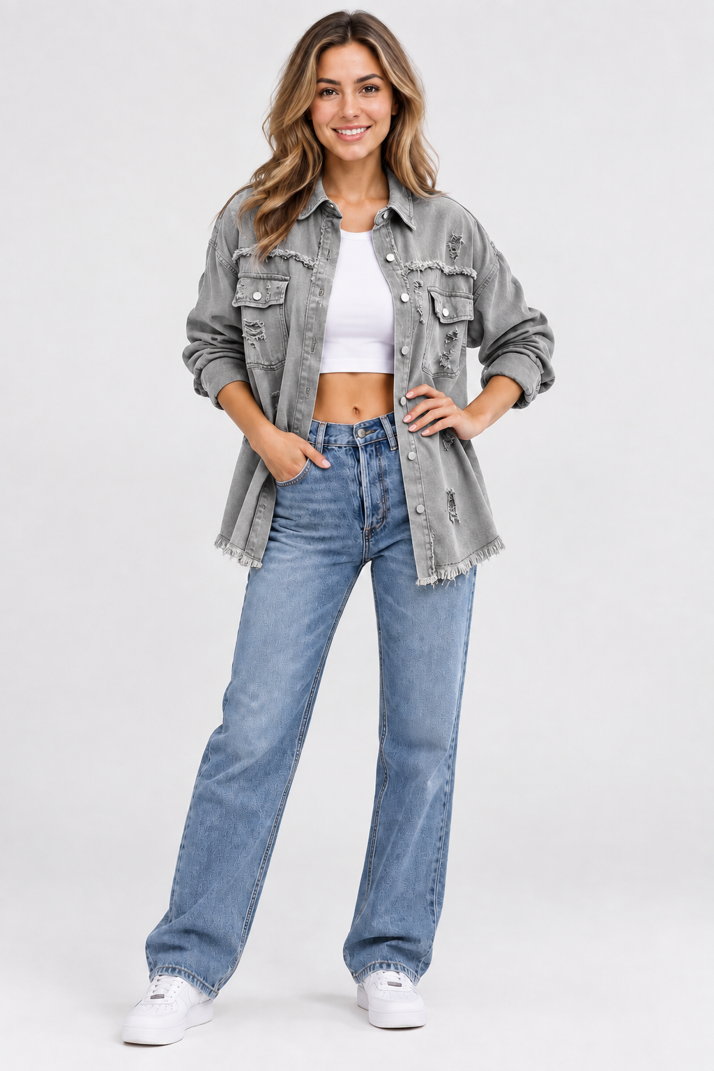 Rebbecca | Distressed Denim Shirt Jacket With Pockets