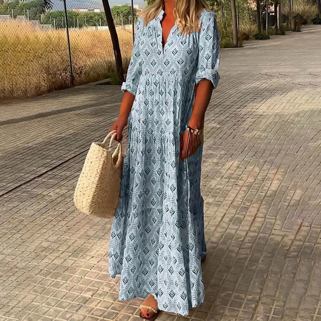 Kadence | Printed V-Neck Maxi Smock Dress