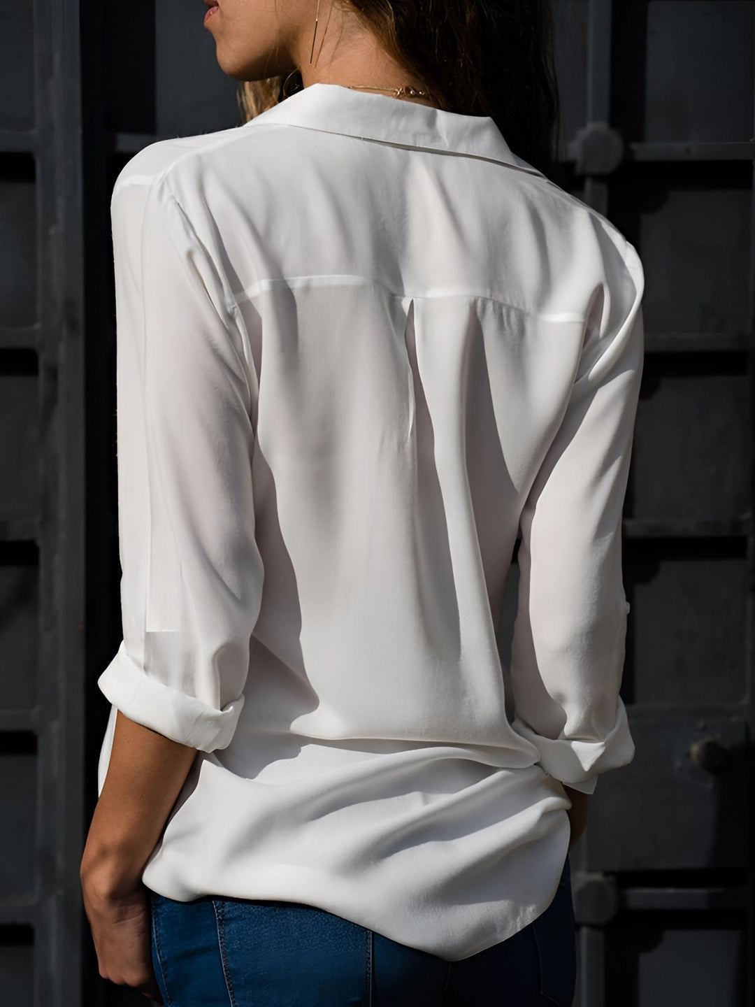 Sizina - Long Sleeve Button Front V Neck Blouse
