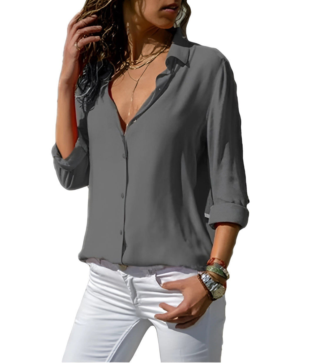 Sizina - Long Sleeve Button Front V Neck Blouse