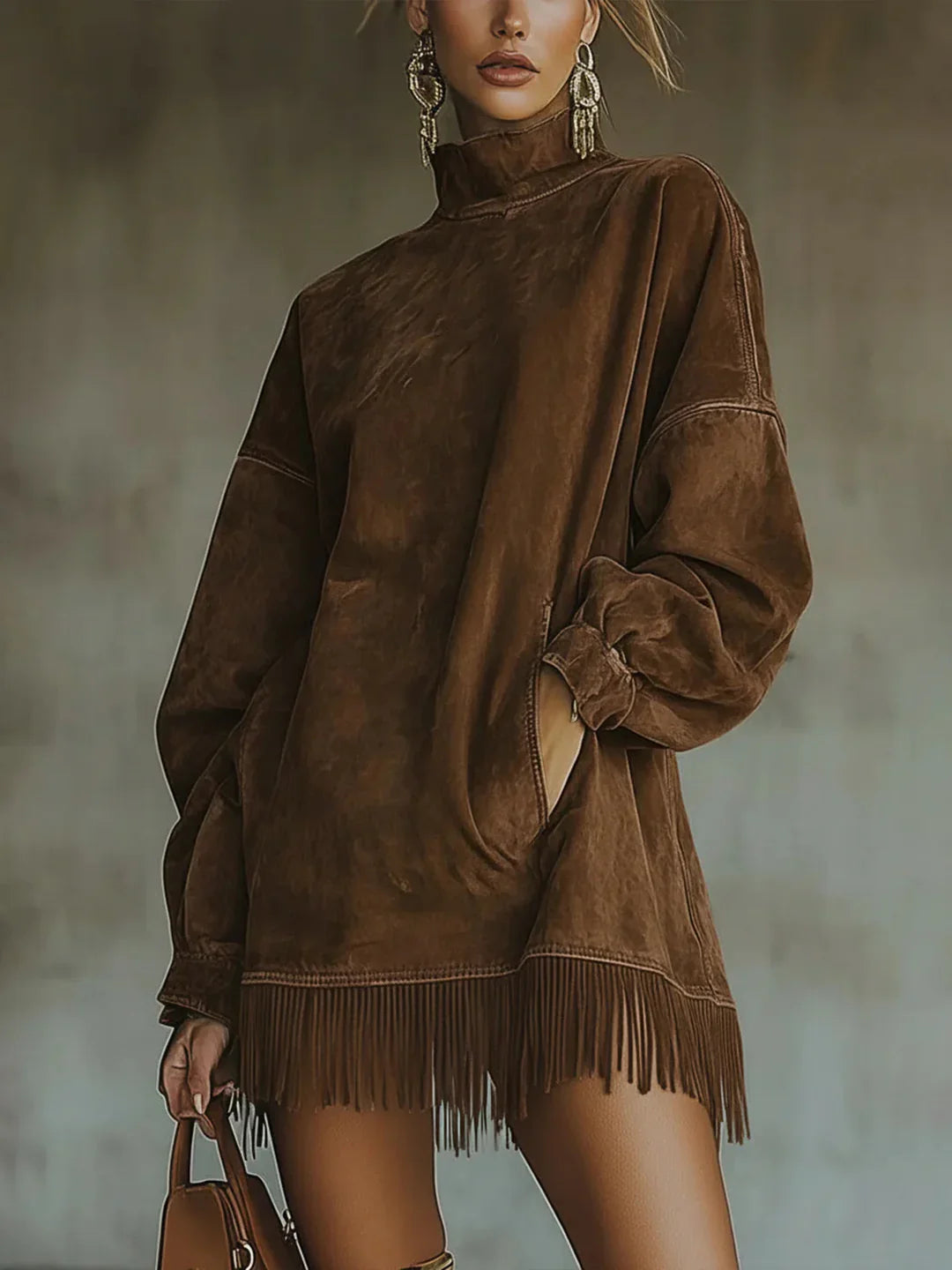 Syanna | Oversized Fringe Hem High Neck Sweatshirt