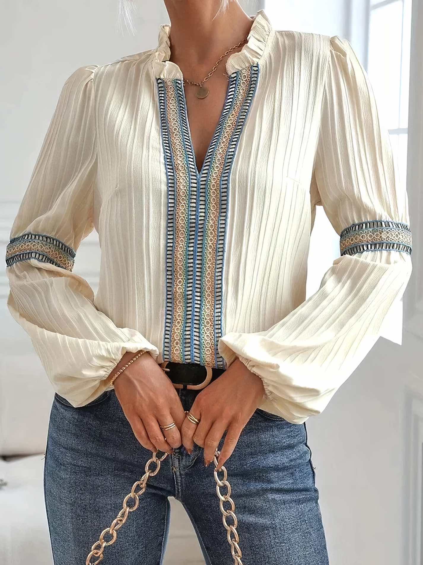 Vinca | Pleated Long Sleeve Embroidered Trim Blouse