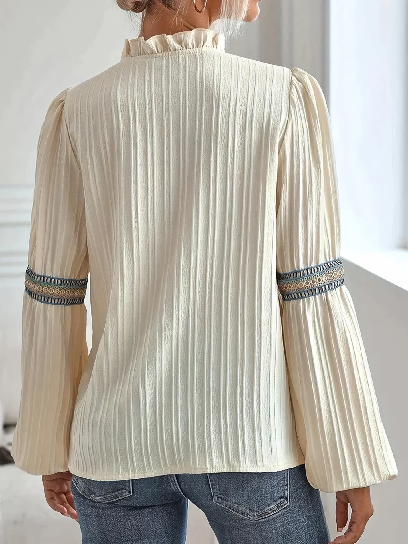 Vinca | Pleated Long Sleeve Embroidered Trim Blouse