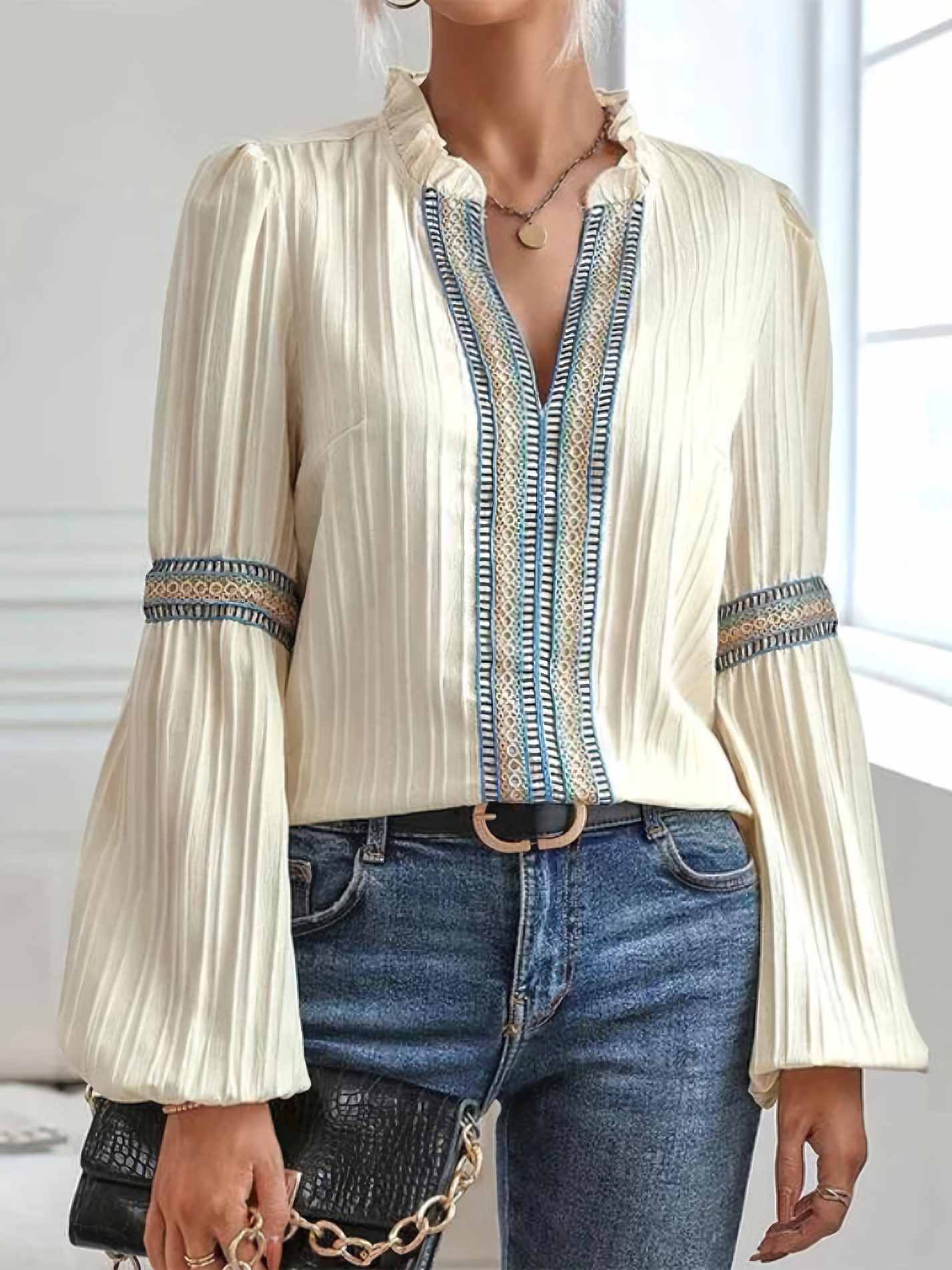 Vinca | Pleated Long Sleeve Embroidered Trim Blouse