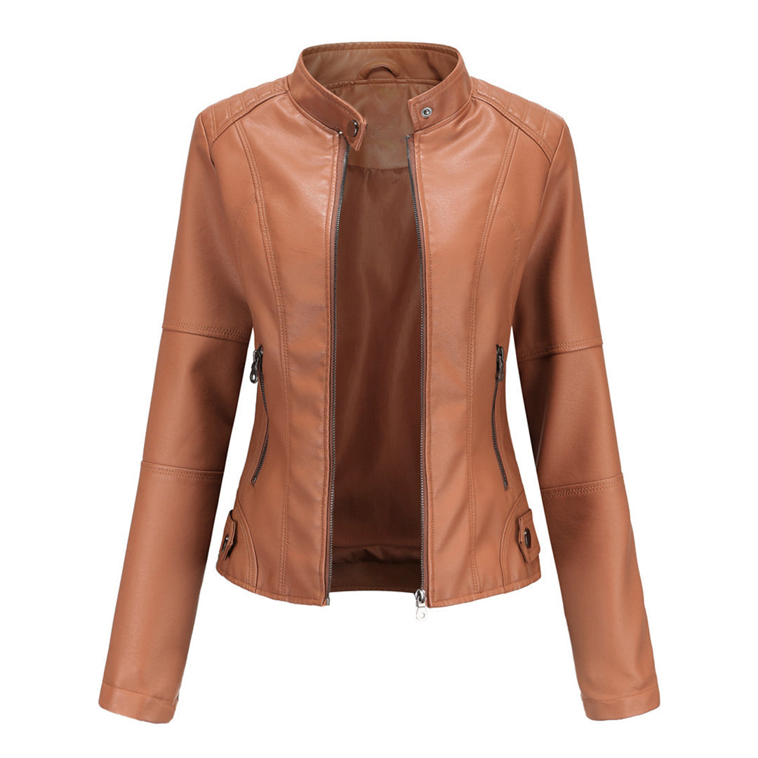 Hanneke | Faux Leather Stand Collar Zip Jacket