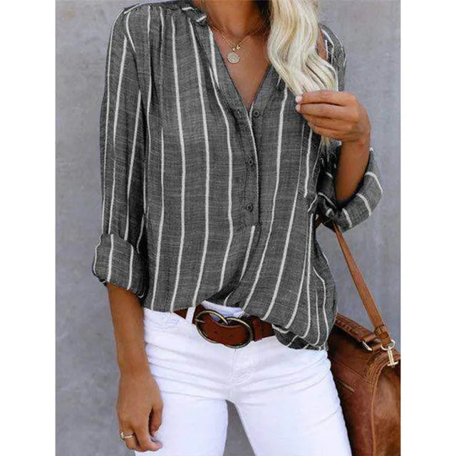 Zhenya - Striped Roll Sleeve Button Blouse