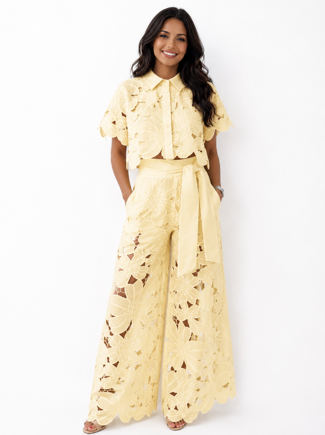 Anni | Lace Crop Shirt Wide Leg Trouser Set
