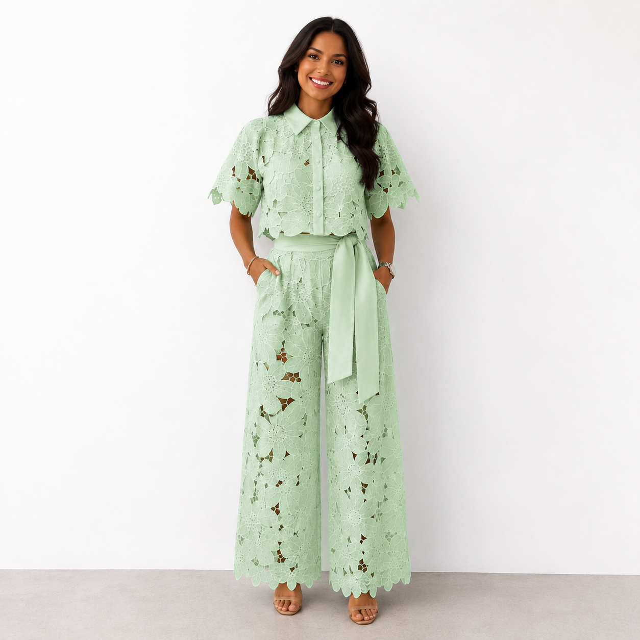 Anni | Lace Crop Shirt Wide Leg Trouser Set