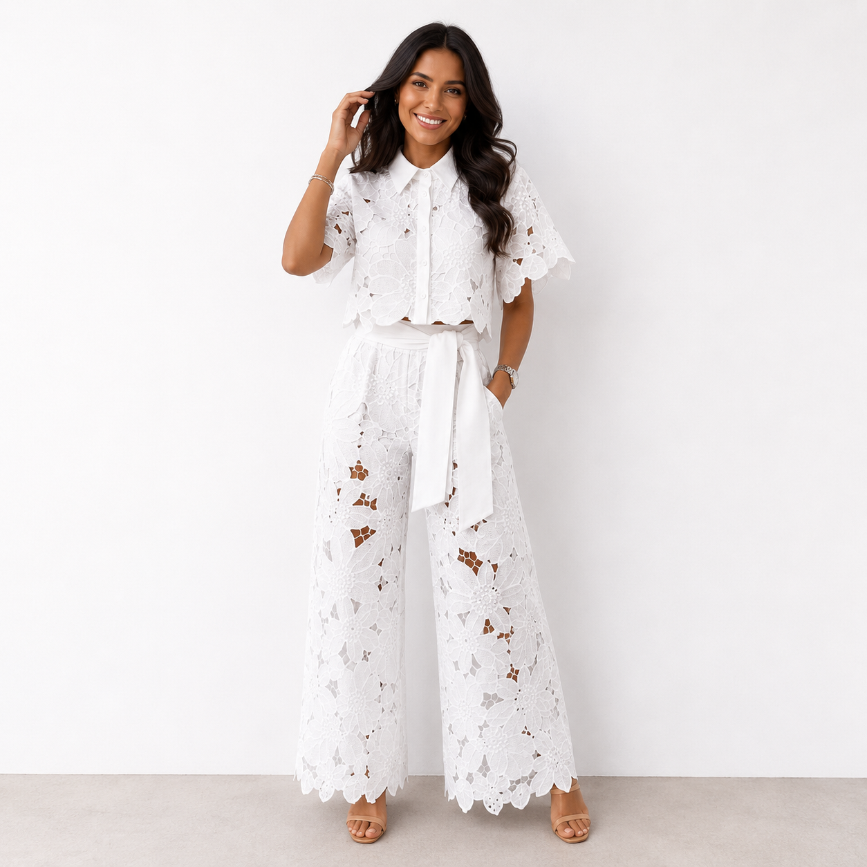 Anni | Lace Crop Shirt Wide Leg Trouser Set