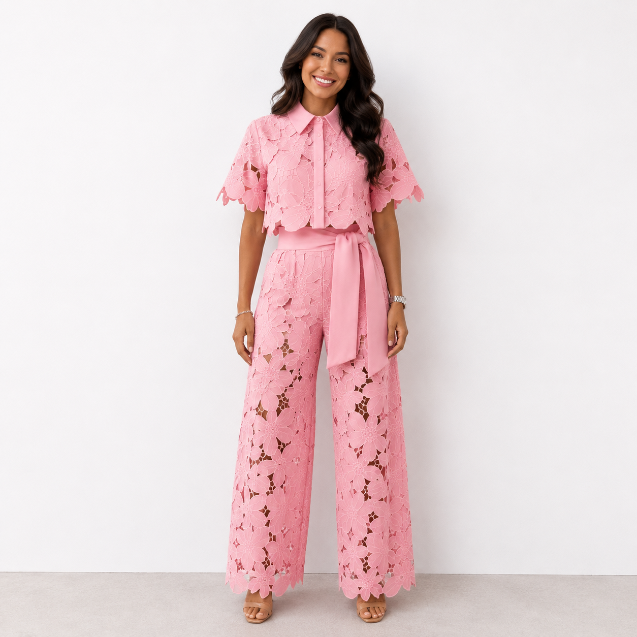 Anni | Lace Crop Shirt Wide Leg Trouser Set