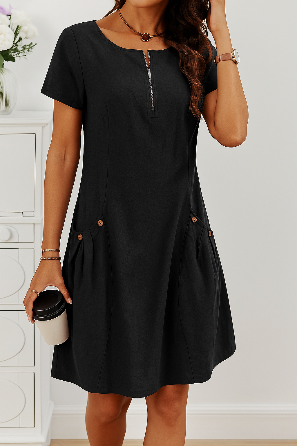 Rudina | Short Sleeve Zip Front Pocket Dress