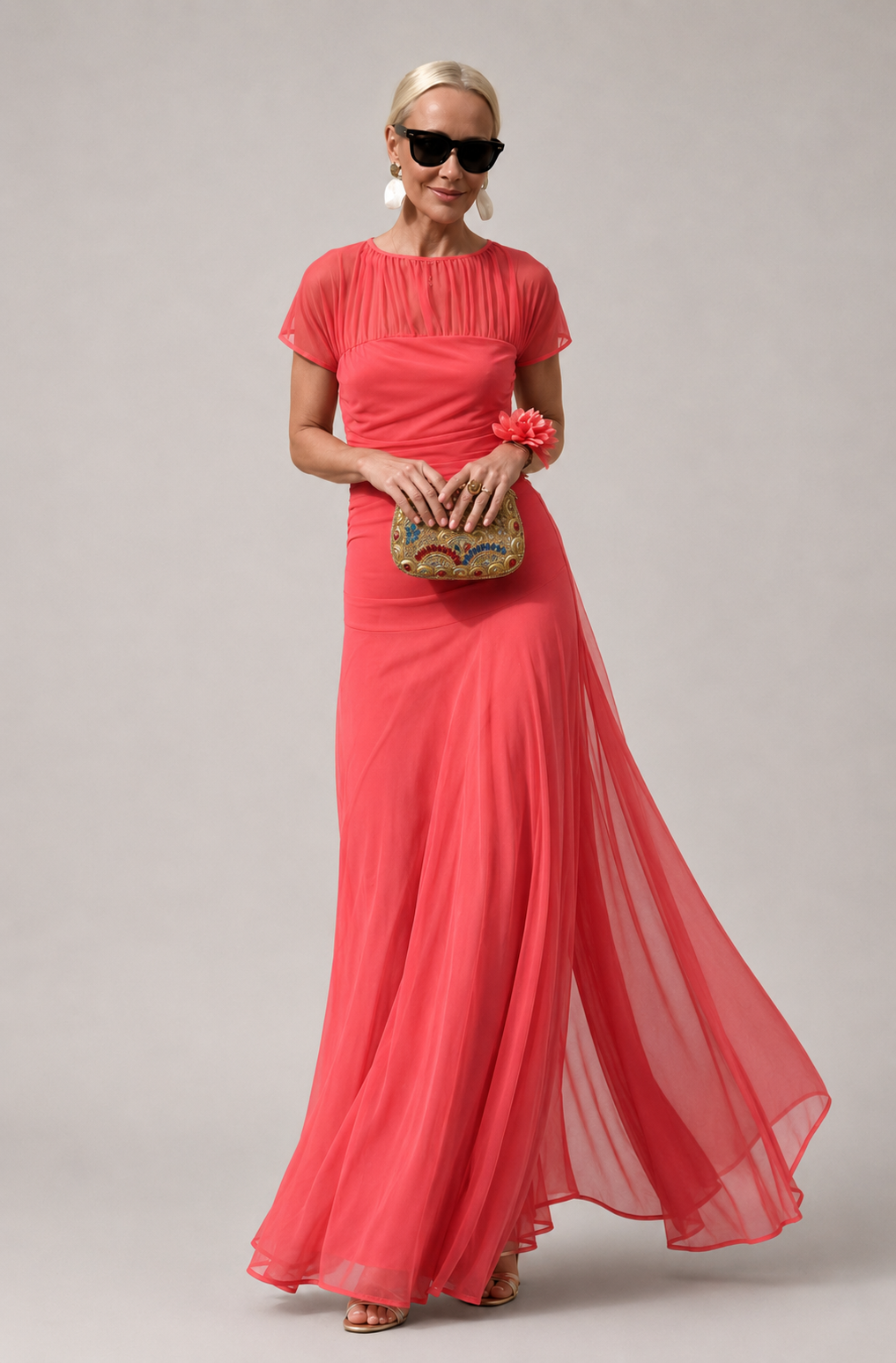 Lesliy | Short Sleeve Mesh Yoke Maxi Dress