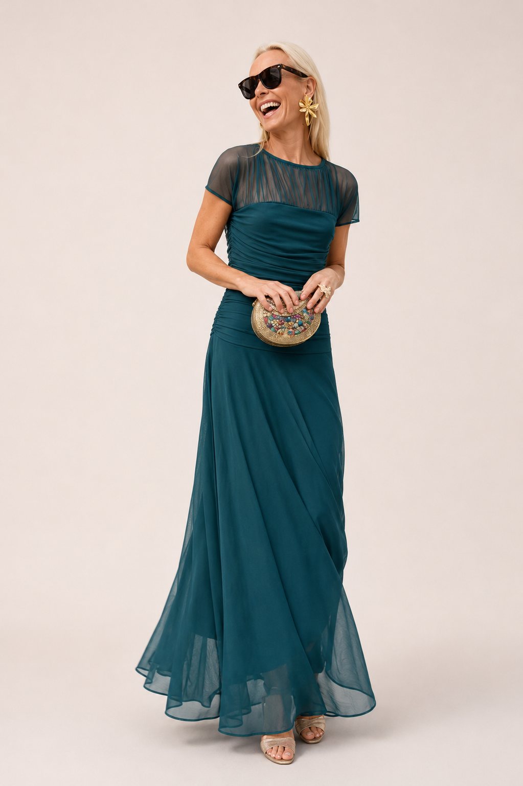 Lesliy | Short Sleeve Mesh Yoke Maxi Dress