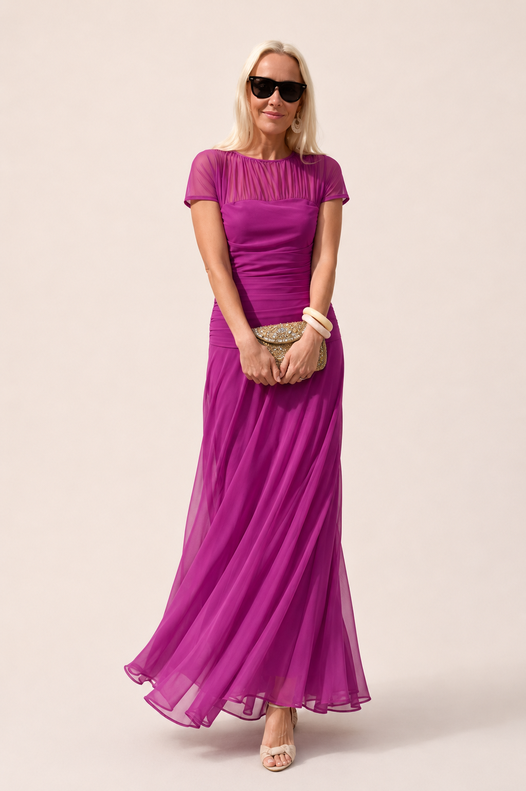 Lesliy | Short Sleeve Mesh Yoke Maxi Dress