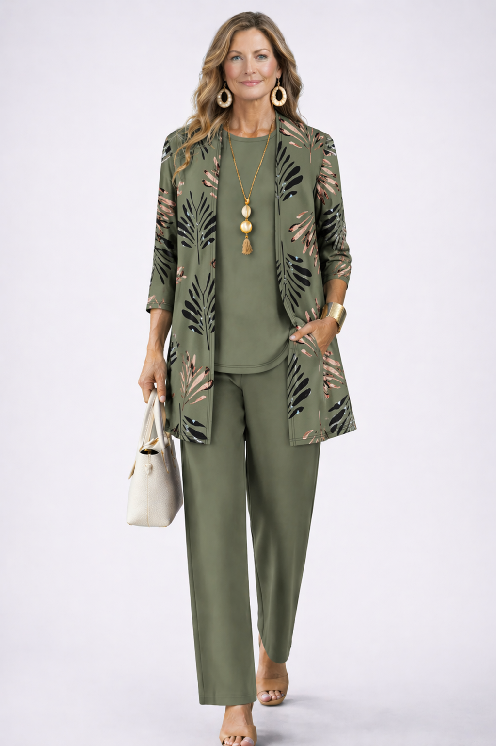 Giota | Three Piece Printed Cardigan Pant Set