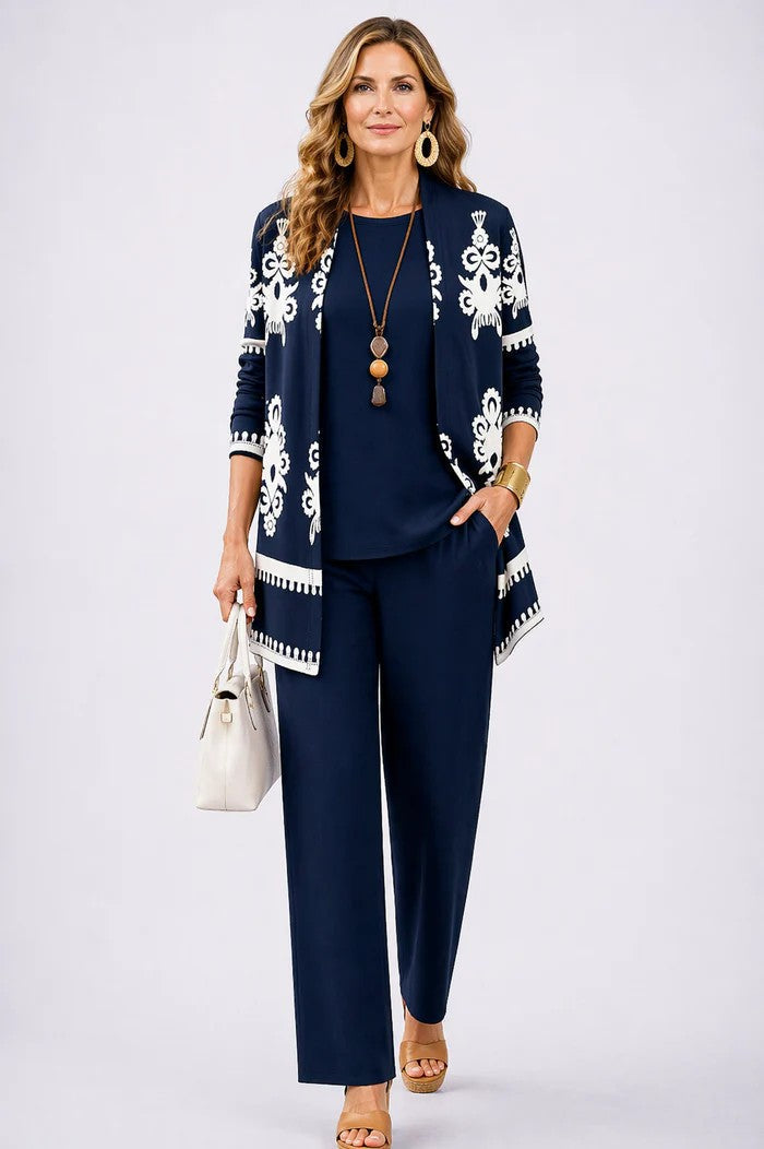Giota | Three Piece Printed Cardigan Pant Set